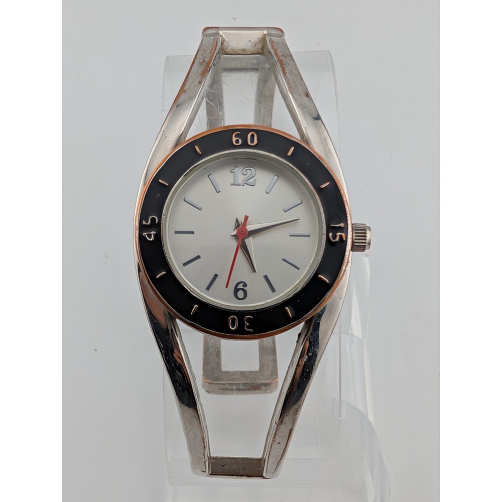 Accutime Womens Watch Silver Tone Bangle Band 27mm Case Black Bezel- New Battery